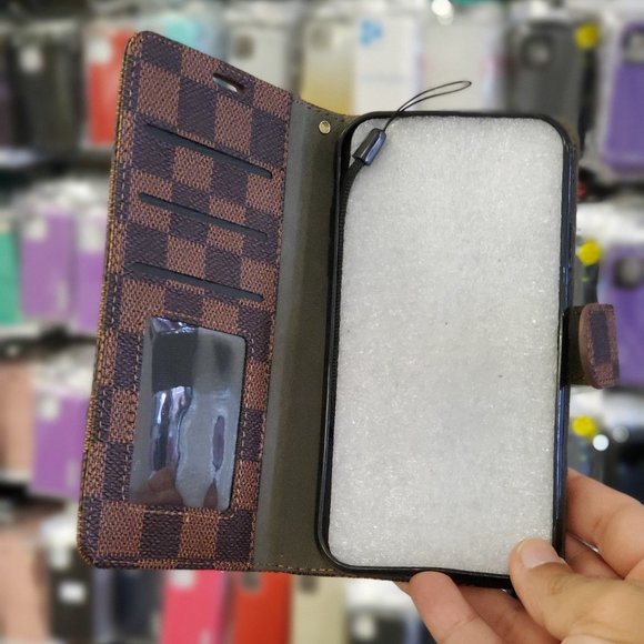iPhone 14 models Valreda LUXion Brown Checker Flip Wallet Case - Picture 2 of 2
